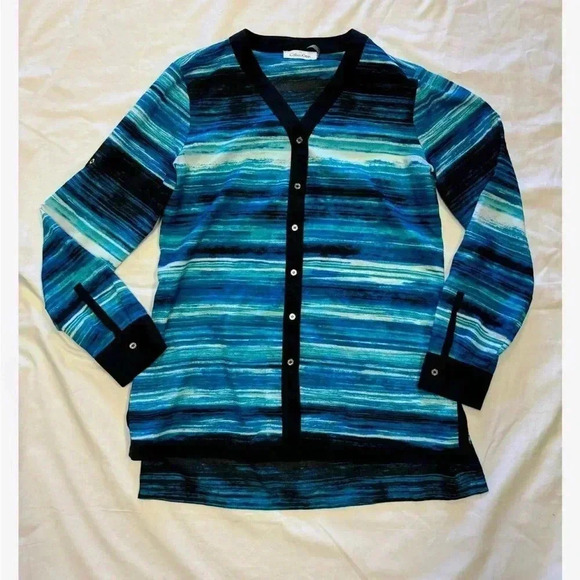 Calvin Klein Button  Down Striped Hi Lo Blouse Size Small - Picture 6 of 10